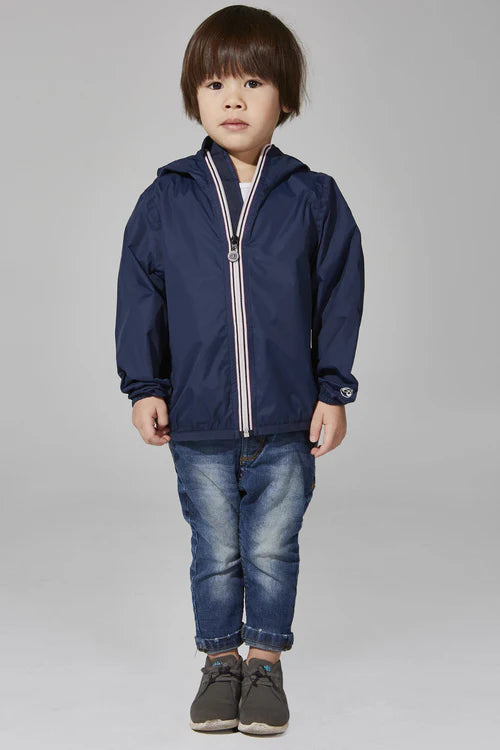 Kids navy full zip packable rain jacket and windbreaker