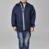 Kids navy full zip packable rain jacket and windbreaker