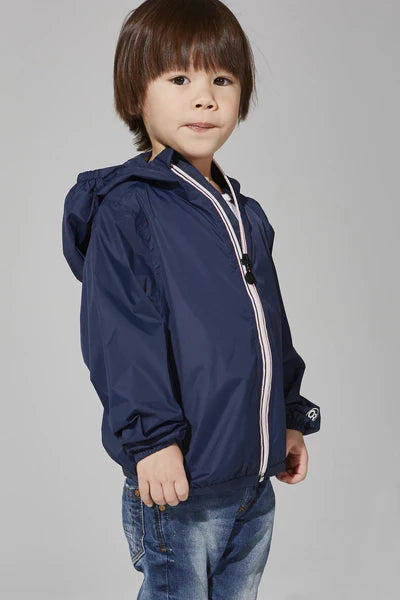 Kids navy full zip packable rain jacket and windbreaker