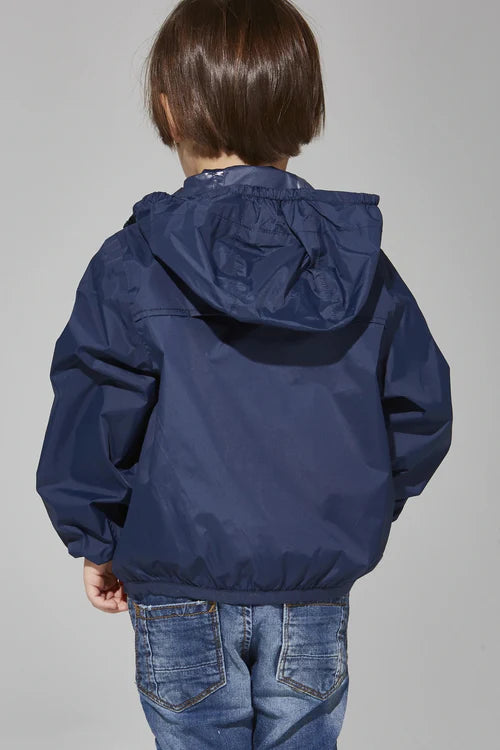 Kids navy full zip packable rain jacket and windbreaker