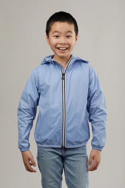 Kids powder blue full zip packable rain jacket and windbreaker