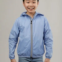 Kids powder blue full zip packable rain jacket and windbreaker