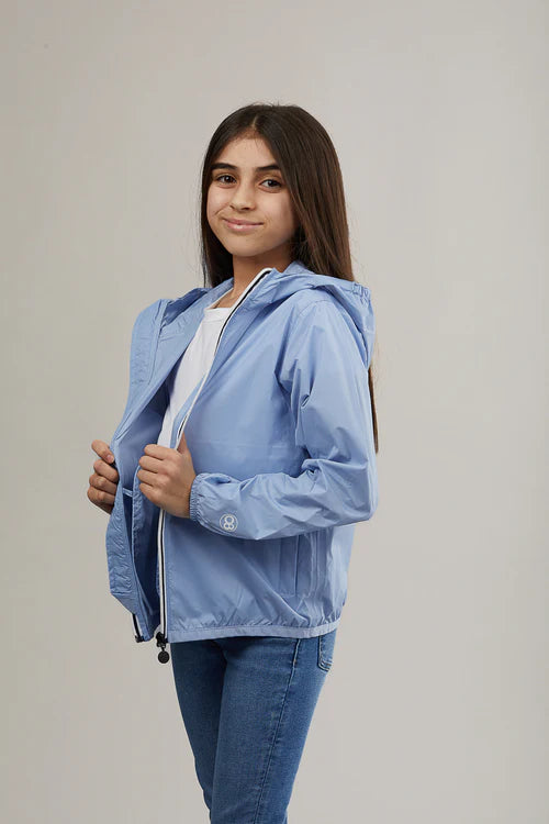 Kids powder blue full zip packable rain jacket and windbreaker
