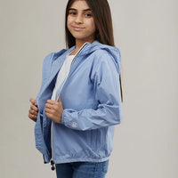 Kids powder blue full zip packable rain jacket and windbreaker