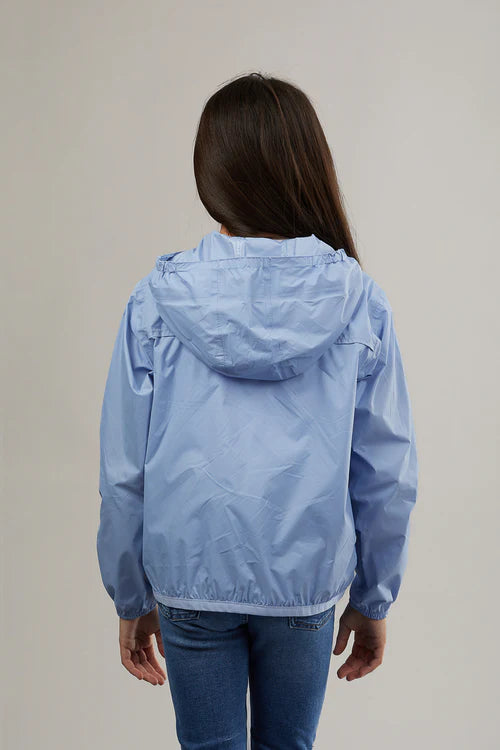 Kids powder blue full zip packable rain jacket and windbreaker