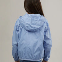 Kids powder blue full zip packable rain jacket and windbreaker