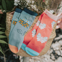 CORAL SOCKS WITH BLUE BUTTERFLIES, BABY