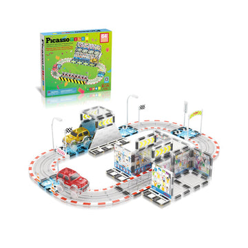 Magnetic Race Car Track Construction Kit with 2 Trucks, Street Sign Add-ons, and Stadium Seating Playset