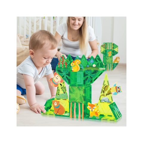 Magnet Tile Building Blocks Forest Animal Theme Toy Set with 8 Character Action Figures