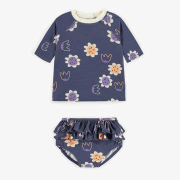 BLUE TWO PIECES SWIMSUIT WITH FLOWER PATTERN, BABY