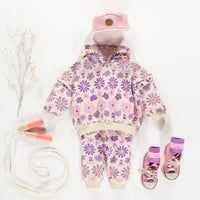 CREAM HOODIE WITH PURPLE FLORAL PRINT IN FRENCH TERRY, BABY