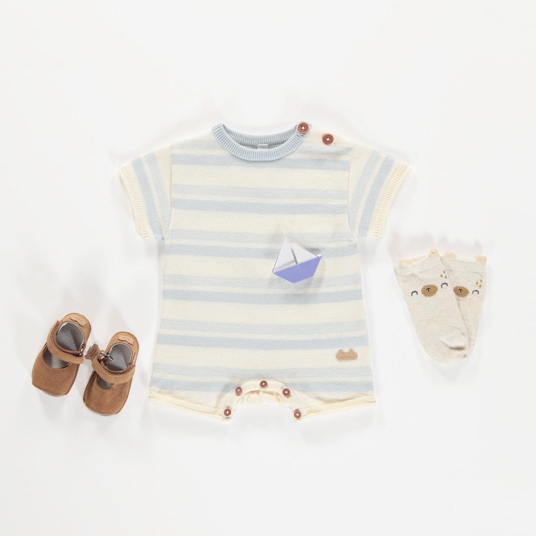 KNITTED ONE-PIECE WITH BABY BLUE AND CREAM STRIPES, NEWBORN