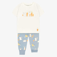 CREAM AND BLUE TWO-PIECES PAJAMA WITH BUNNIES AND CHICKENS PRINT, BABY