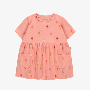 PINK SHORT SLEEVE COTTON DRESS WITH ICE CREAM PRINT, BABY