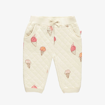 CREAM COLORED QUILTED JERSEY PANTS WITH ICE CREAM PRINT, BABY