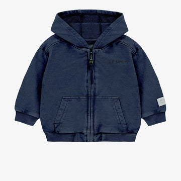 NAVY HOODED SWEATER WITH ZIPPER IN FRENCH TERRY, BABY