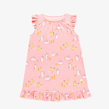PINK NIGHT DRESS WITH BUNNIES AND CHICKENS PRINT, CHILD