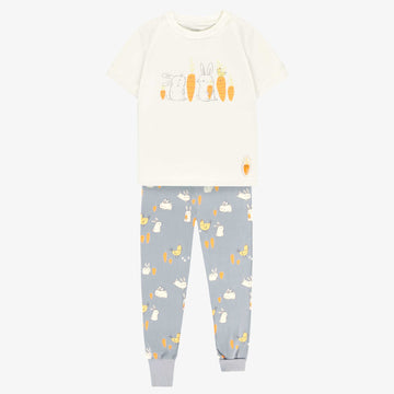 CREAM AND BLUE TWO-PIECES PAJAMA WITH BUNNIES AND CHICKENS PRINT, CHILD