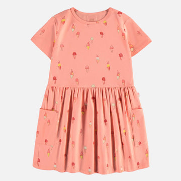 PINK SHORT SLEEVED DRESS WITH ICE CREAM PRINT IN COTTON, CHILD