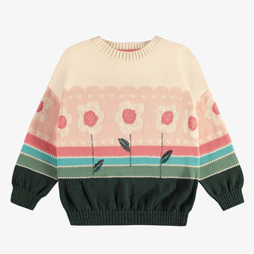 LONG SLEEVES KNITTED SWEATER IN GREEN, CREAM AND CORAL FLORAL JACQUARD PATTERN, CHILD