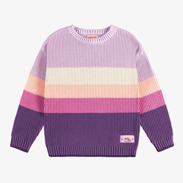 PURPLE, CREAM AND PEACH LONG SLEEVE RIB KNIT SWEATER, CHILD