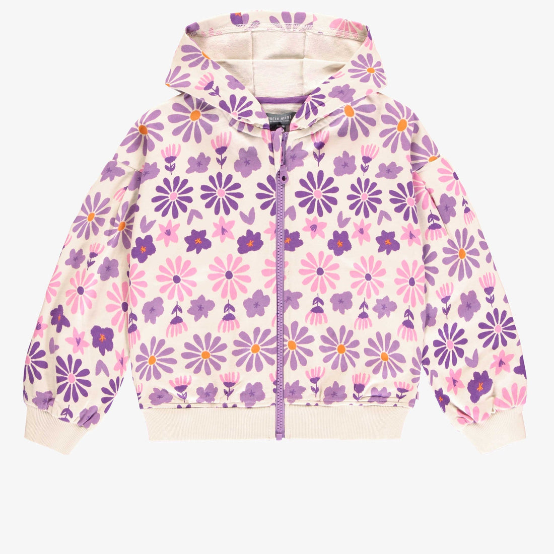 CREAM HOODIE WITH PURPLE FLORAL PRINT IN FRENCH TERRY, CHILD
