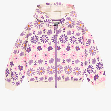 CREAM HOODIE WITH PURPLE FLORAL PRINT IN FRENCH TERRY, CHILD