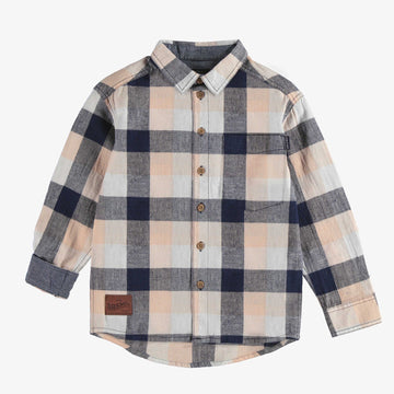 ORANGE AND NAVY PLAID LONG SLEEVES SHIRT IN LINEN AND COTTON, CHILD