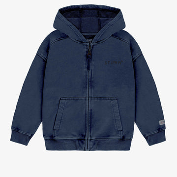 NAVY HOODED SWEATER WITH ZIPPER IN FRENCH TERRY, CHILD