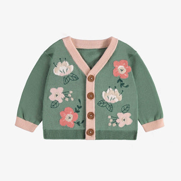 GREEN LONG SLEEVES KNITTED CARDIGAN WITH FLOWER IN JACQUARD PATTERN, NEWBORN