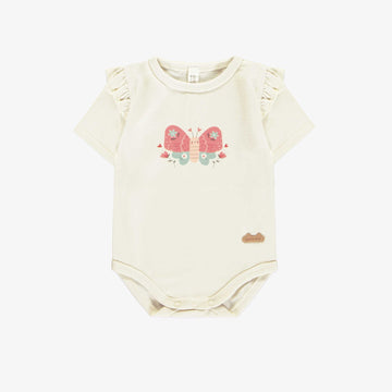 CREAM BODYSUIT WITH SHORT SLEEVES AND AN ILLUSTRATION OF A BUTTERFLY, NEWBORN
