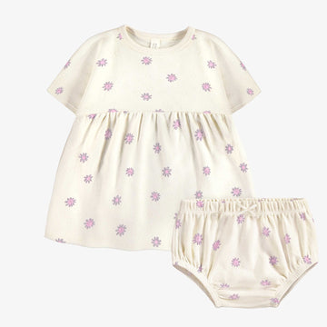 CREAM FLORAL SHORT SLEEVES DRESS AND BLOOMER IN ORGANIC COTTON, NEWBORN