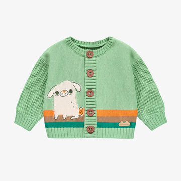 GREEN RIBBED KNIT CARDIGAN WITH JACQUARD PATTERN, NEWBORN