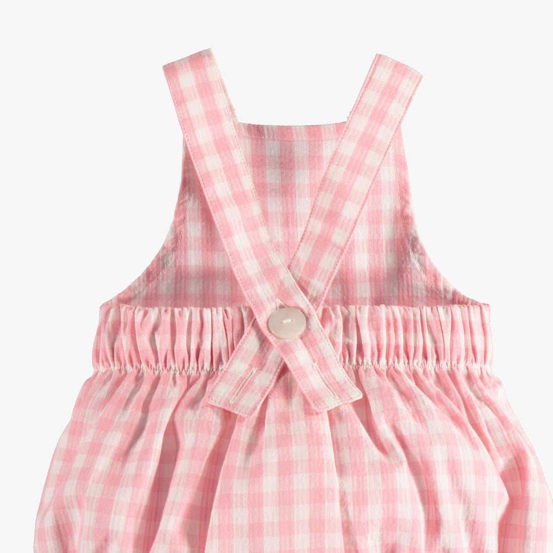 PINK AND WHITE PLAID ONE-PIECE WITH LARGE STRAPS IN SEERSUCKER, NEWBORN