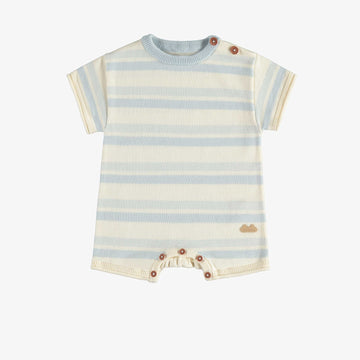 KNITTED ONE-PIECE WITH BABY BLUE AND CREAM STRIPES, NEWBORN