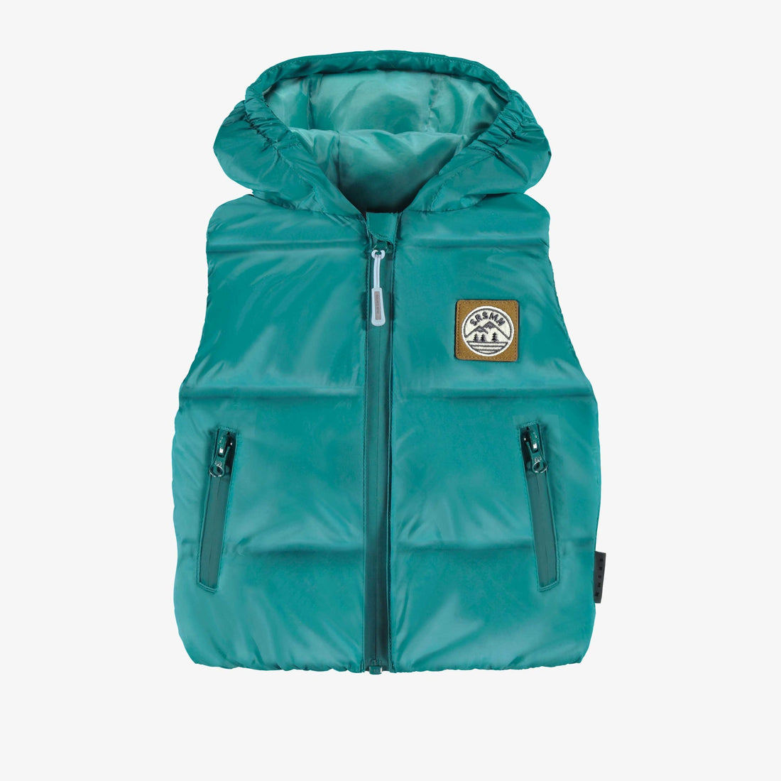 TURQUOISE SLEEVELESS PUFFER WITH HOOD, BABY
