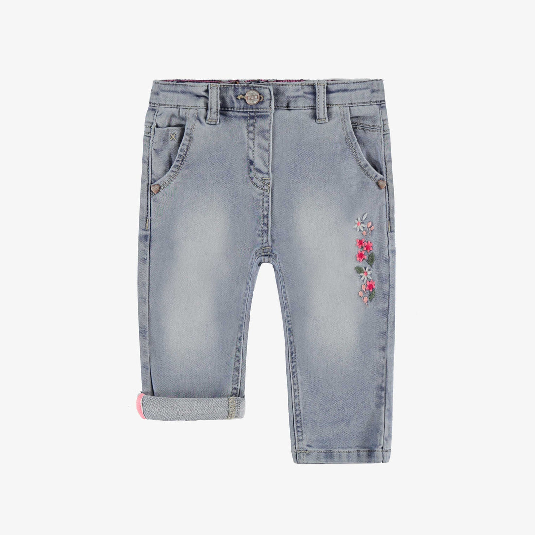PALE BLUE JEANS WITH FLORAL EMBROIDERY, BABY