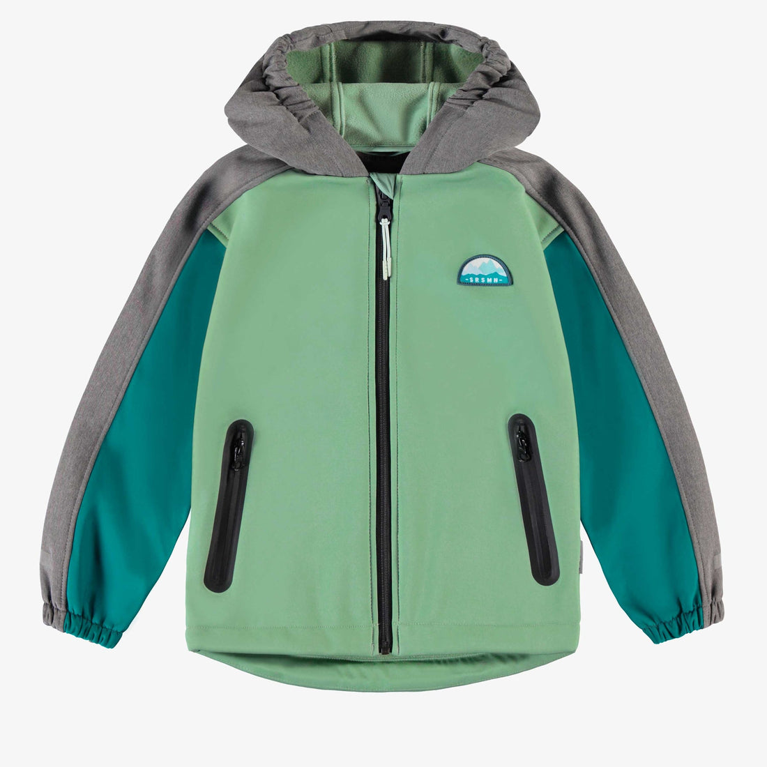 GREEN, TURQUOISE AND GREY HOODED COAT IN SOFT SHELL, CHILD