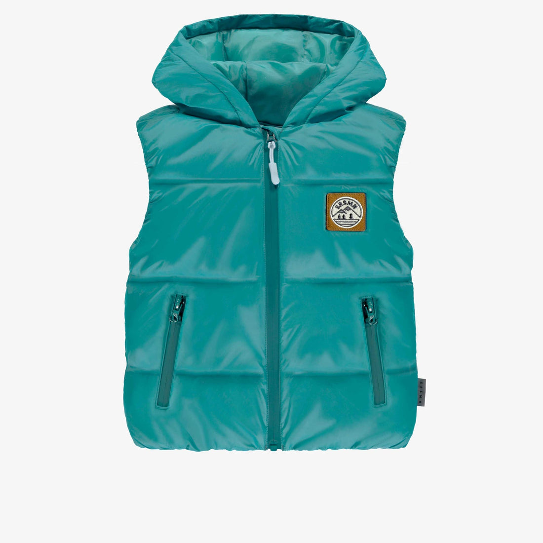 TURQUOISE SLEEVELESS PUFFER WITH HOOD, CHILD