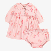 PINK DRESS AND BLOOMER IN STRETCH JERSEY WITH FLAMINGO ALL OVER PRINT, NEWBORN