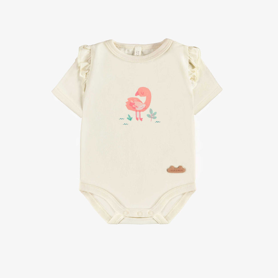 CREAM BODYSUIT IN STRETCH JERSEY WITH A FLAMINGO, NEWBORN
