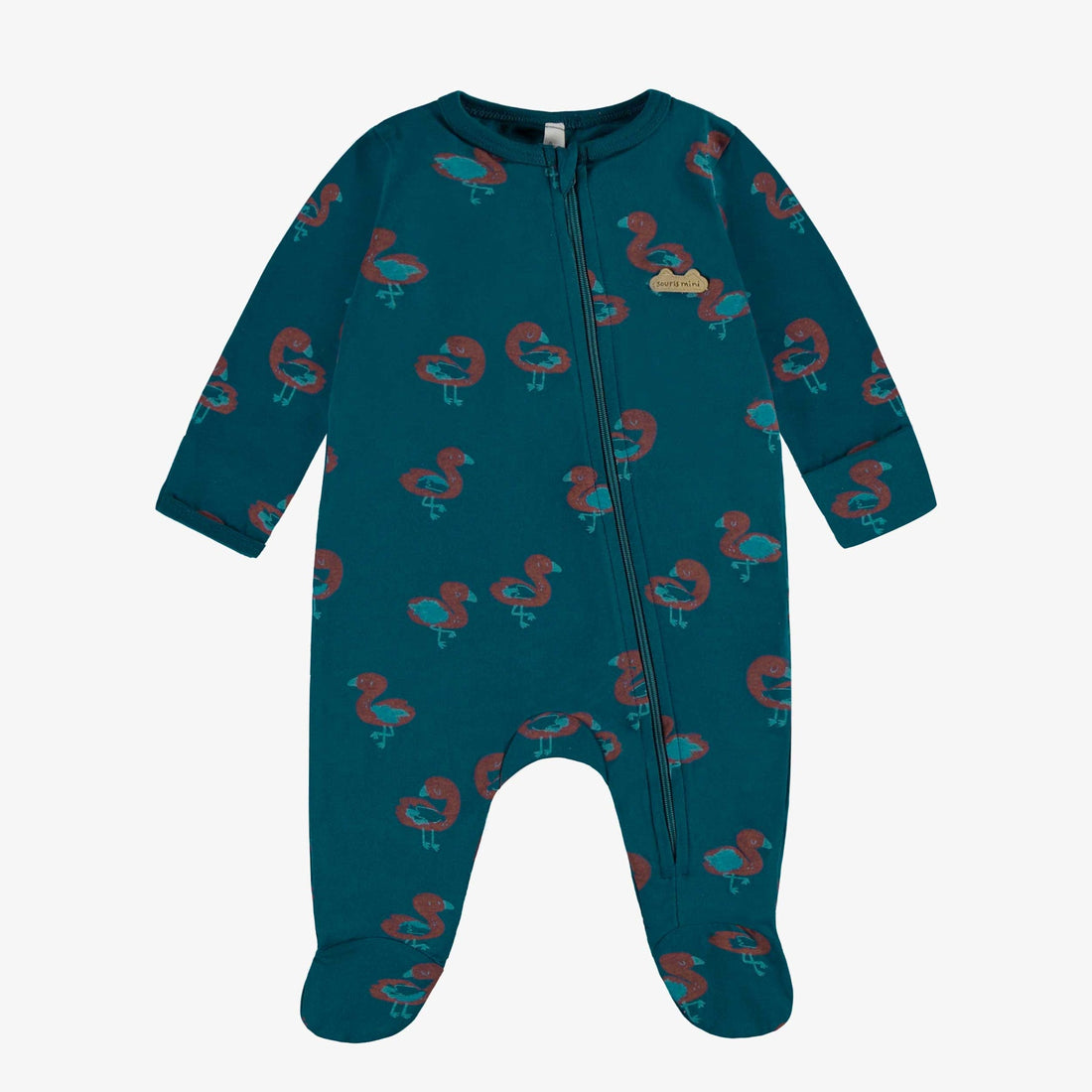 TURQUOISE ONE-PIECE PAJAMAS IN STRETCH JERSEY WITH FLAMINGO ALL OVER PRINT, NEWBORN