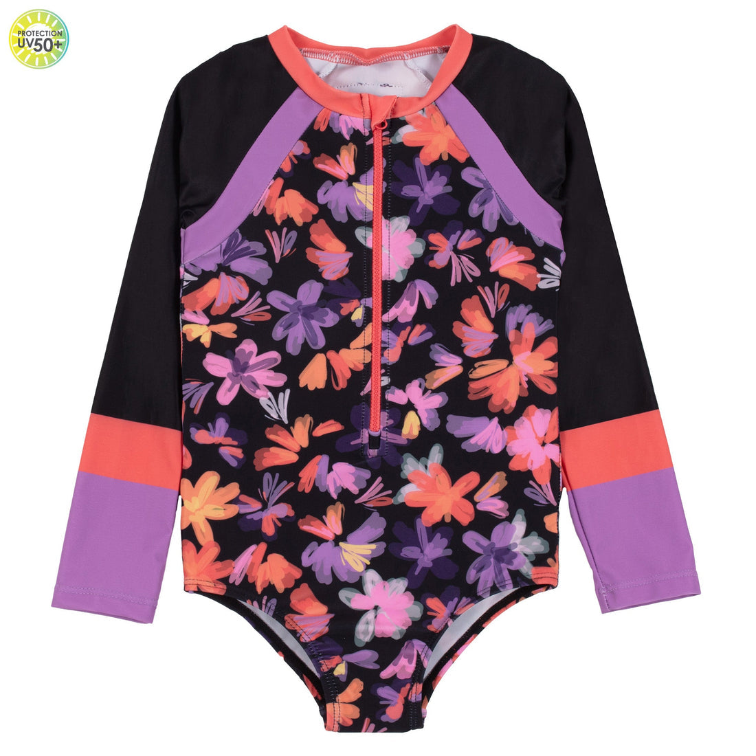 Long Sleeve Black Floral One-Piece UV Swimsuit