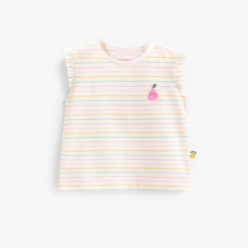 Sleeveless cream T-shirt with colorful stripes, baby