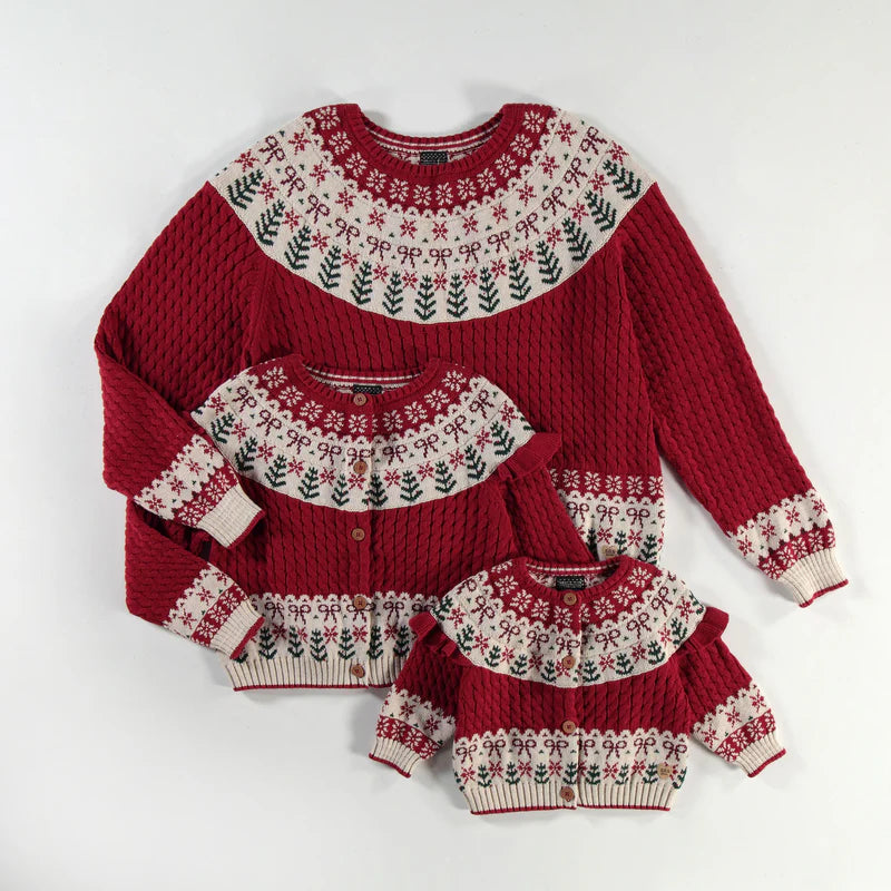 RED KNIT CARDIGAN WITH JACQUARD PATTERNS, BABY