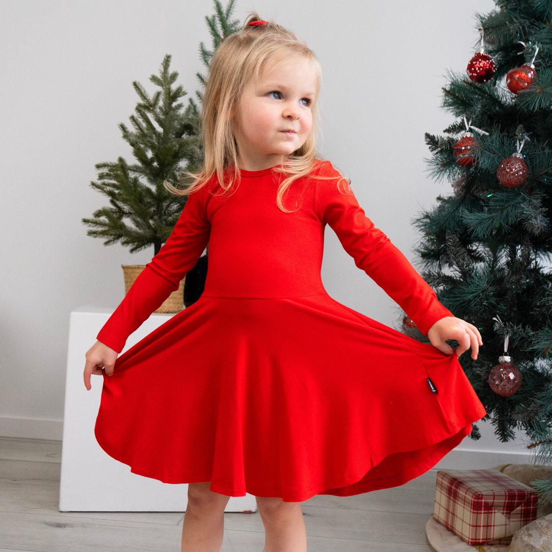 Long Sleeves Twirl Dress - Santa Red