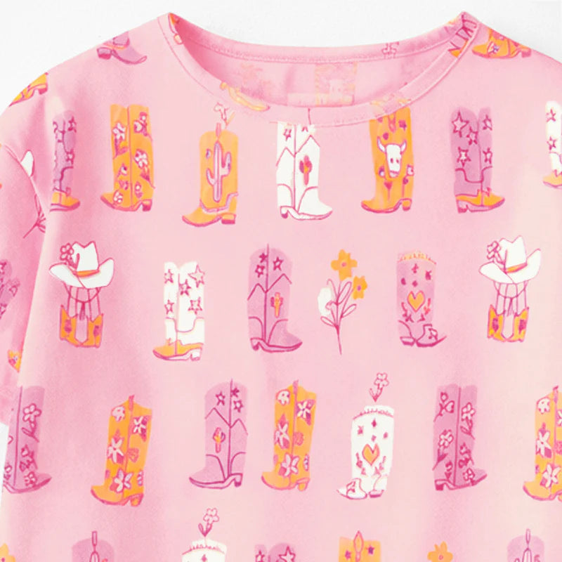 Pink T-shirt with cowboy boot all over print, child