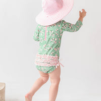 Baby Girls Tea Roses Long Sleeve One Piece Rash Guard Swimsuit with Signature Rear Ruffles