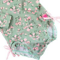 Baby Girls Tea Roses Long Sleeve One Piece Rash Guard Swimsuit with Signature Rear Ruffles