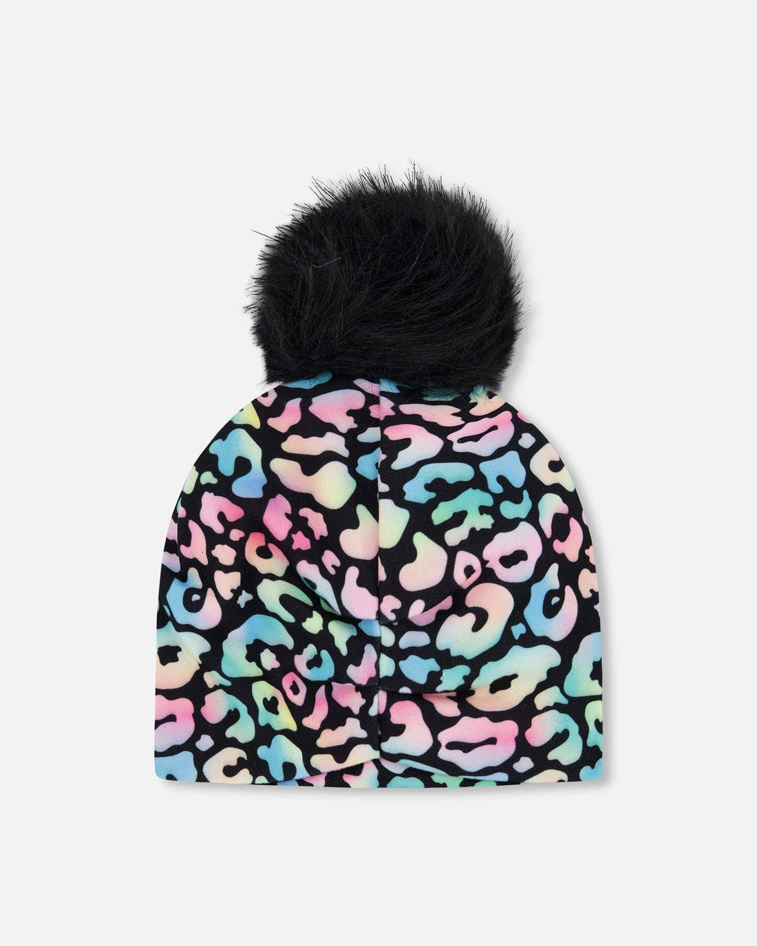 Stretch Jersey Hat Black Animal Print With Pompom